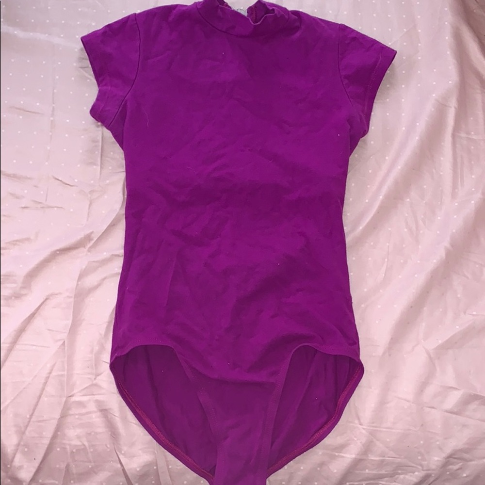 Purple Mock Neck Cap Sleeve Open Back Leotard